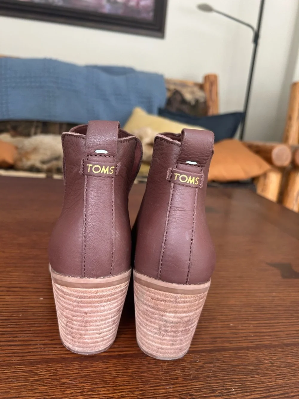 Toms Brown Leather Ankle Booties with Stacked Heel - Picture 3 of 7